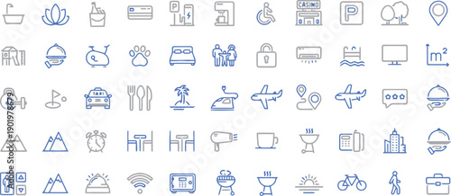 Resort Hotel and Travel Icons - Accommodation, Amenities, Leisure, and Vacation