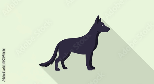 A stylized black dog with pointy ears stands on a light green background