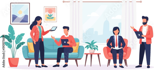 Business professionals collaborating in an office setting with city skyline view