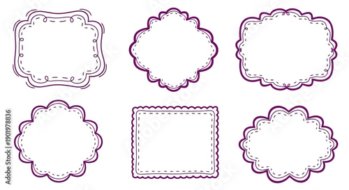 A collection of six decorative purple and white frames with unique scalloped and dotted borders, perfect for graphic design elements.