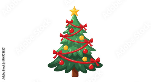 A beautifully decorated Christmas tree with red ribbons, ornaments, and a star on top, ready for the holiday season.