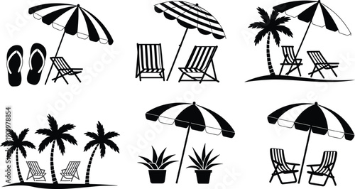 Set of Black Beach Holiday Silhouettes Featuring Striped Umbrellas Lounge Chairs Palm Trees Flip Flops and Potted Plants for Summer Vacation and Tropical Travel Design