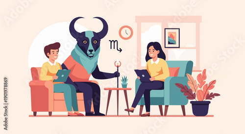 Anthropomorphic bull creature talks to people in a living room setting