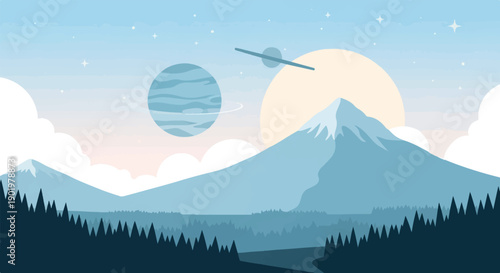 A stylized landscape with snow-capped mountains, a river, and celestial bodies