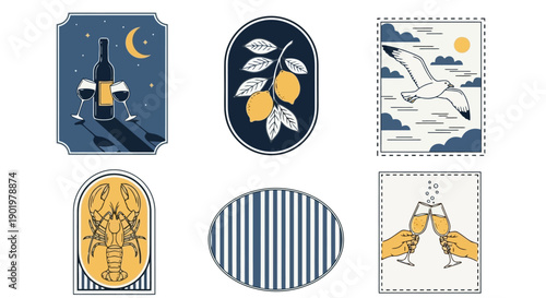 A collection of six distinct graphic illustrations, each enclosed within a unique frame, featuring themes of wine, lemons, a seagull, a lobster, and celebratory toasts.