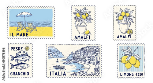 Collection of six Italian postage stamps depicting coastal scenes, lemons, and seafood.