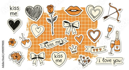 A charming collection of hand-drawn stickers featuring romantic symbols like hearts, roses, lips, and bows, perfect for Valentine's Day or expressing affection.