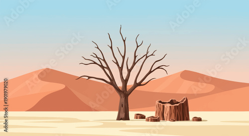 Arid landscape with a barren tree and sand dunes under a pale sky
