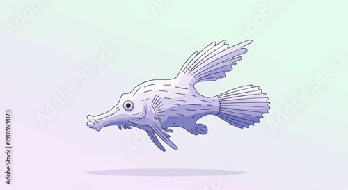 A stylized, white, finned fish with a long snout swims against a gradient background