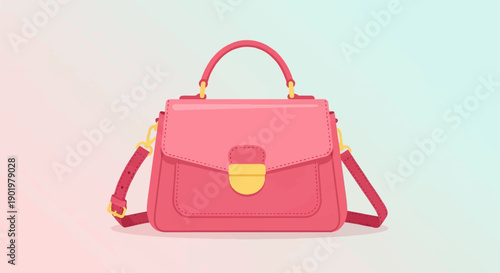 A stylish pink handbag with a gold clasp and adjustable strap rests on a gradient background