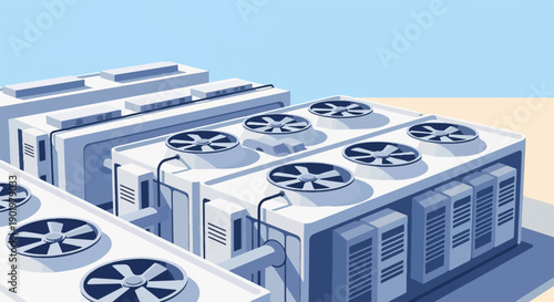 Array of large industrial cooling fans and equipment