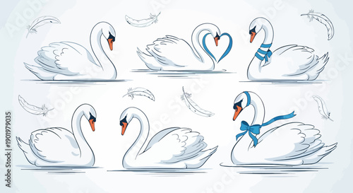 A collection of elegant white swans depicted in various graceful poses, some adorned with decorative blue ribbons and feathers, set against a soft, light blue background.