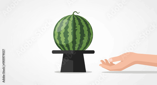 A striped watermelon sits atop a black top hat, with an outstretched hand beside it