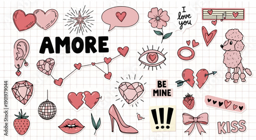 A vibrant collection of romantic and playful Valentine's Day themed illustrations and icons, featuring hearts, lips, flowers, and cute animals on a grid background.