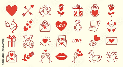 A collection of charming red and white line art icons representing love, romance, and Valentine's Day, including hearts, roses, gifts, and cupid.