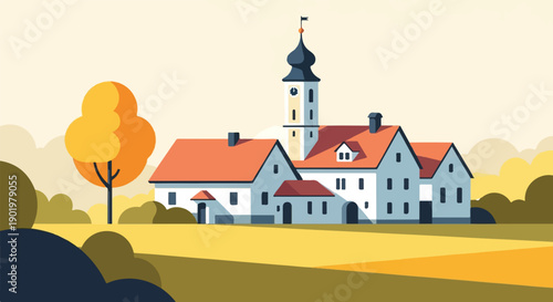 A stylized, minimalist illustration of a village church and houses in autumn