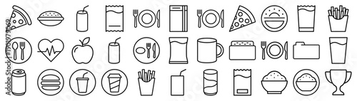 Food, beverage and nutrition line icon set. Vector pictograms of pizza, burger, soda, snack, plate, cutlery, apple, fries, coffee, and heart, thin outline illustration.