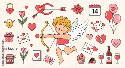 A charming collection of Valentine's Day themed illustrations featuring Cupid, hearts, roses, gifts, and romantic symbols on a soft beige background.