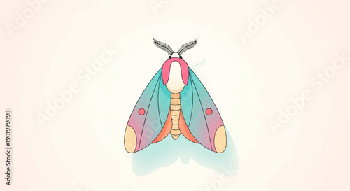 A stylized moth with colorful wings rests on a soft, pastel background