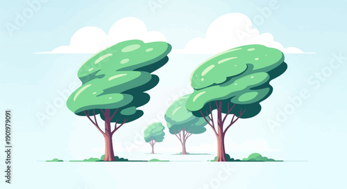 A stylized, minimalist landscape featuring green trees against a pale blue sky with clouds
