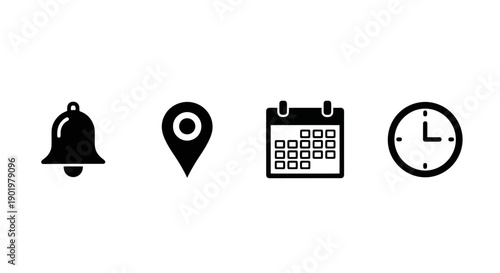 A collection of four distinct black icons representing common digital interface elements: a notification bell, a location pin, a calendar grid, and a clock face.