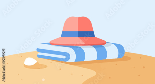A striped beach towel and a wide-brimmed hat sit on a sandy shore