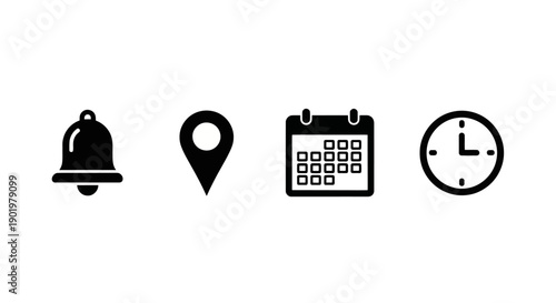 A collection of four distinct black icons representing a notification bell, a location pin, a calendar grid, and a clock face, all set against a white background.