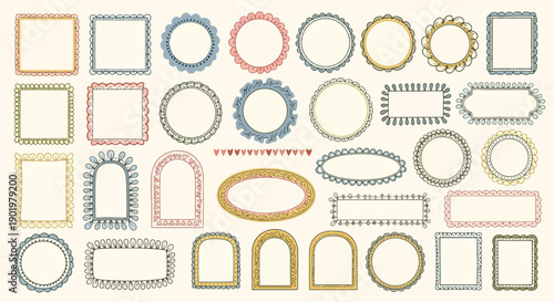 A diverse collection of decorative vintage-style frames and borders in various shapes and colors, perfect for graphic design projects.