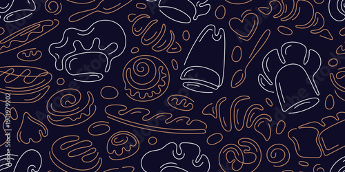 Bakery seamless pattern One line pastries and cake