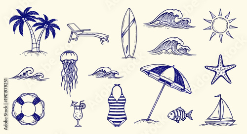 A charming hand-drawn collection of summer beach and vacation icons, featuring palm trees, waves, a surfboard, and sun.