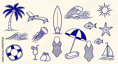 A charming collection of hand-drawn summer vacation and beach-themed icons, perfect for travel and leisure designs.