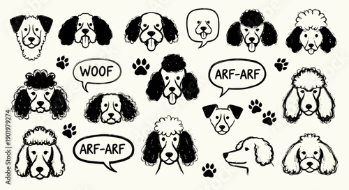 A charming collection of hand-drawn dog faces and paw prints, featuring various breeds and playful barks, perfect for pet lovers and graphic design.