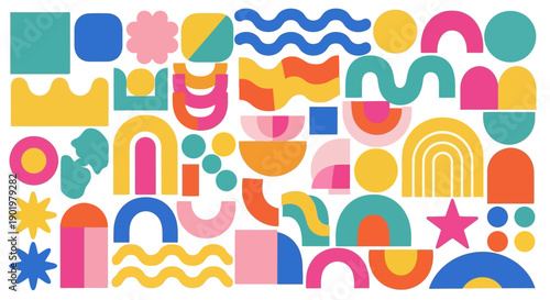 Billede på lærred A vibrant and playful abstract composition featuring a diverse collection of colorful geometric shapes and organic forms arranged in a dynamic pattern
