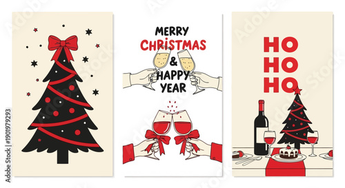 A collection of three festive Christmas and New Year greeting cards featuring holiday illustrations and celebratory messages.