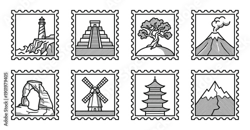 Minimalist Line Art Landmark and Nature Postage Stamp Collection for Travel Stationery and Scrapbooking