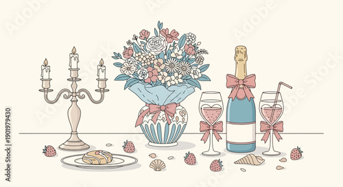 A romantic table setting with a champagne bottle, wine glasses, a cake, strawberries, a candelabra, and a floral arrangement.