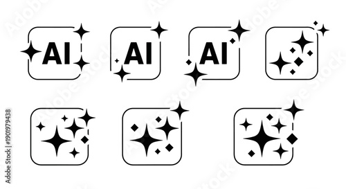 Collection of stylized icons featuring the letters "AI" surrounded by sparkling stars and glints, representing artificial intelligence and cleanliness.