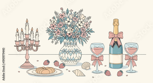 A romantic still life arrangement featuring a candelabra, a vase of flowers, champagne, wine glasses, and strawberries.