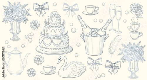 Elegant hand-drawn sketch collection of wedding and celebration elements including a tiered cake, champagne, floral arrangements, teacups, and decorative bows.