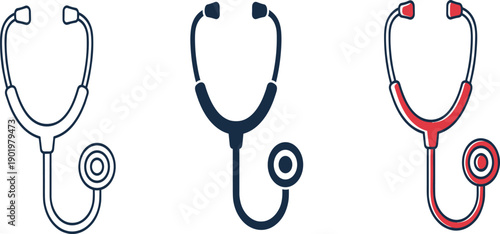 Medical Stethoscope Icon Set with Classic Doctor Diagnostic Tools for Healthcare, Cardiology, Patient Examination, and Clinical Monitoring Concepts