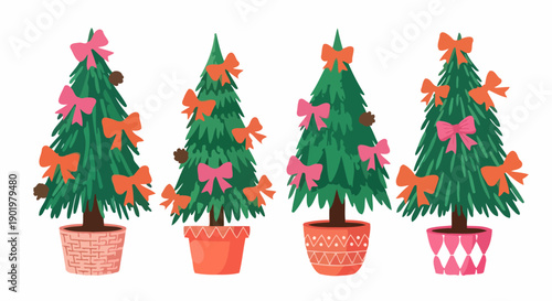 Four decorated Christmas trees in pots with colorful bows and pinecones, presented in a row.