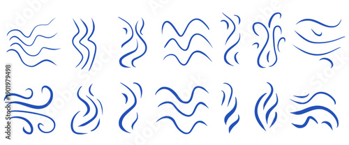 Air conditioner doodles. Steam and smoke line set. Vapor clouds, hot aroma waves, cooking fumes in simple handmade scribbles. Perfect for coffee branding and culinary graphics. Vector steams.