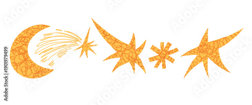 Space stars, moon with chalk-like texture paper cutout set. Hand-drawn sparks scrapbook sticker doodle elements. Perfect for creative illustrations, graphic designs. Vector blinks elements isolated.