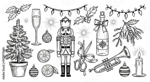 A collection of hand-drawn Christmas and New Year's Eve elements, including a nutcracker, champagne, tree, and festive lights.