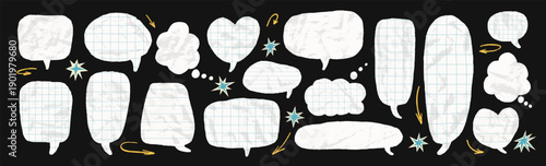 Crumpled grid paper callouts speech bubbles. White irregular cutout dialogue collage pieces. Promo sale wrinkled message text boxes. Scrapbook torn angular chat comic cut out isolated no bg.