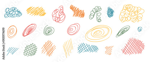 Hand-drawn abstract pen scribbles, scratch set with spontaneous strokes, chaotic mark, expressive squiggles. Rough colorful pencil elements create bold graphic chaos. Vector messy doodle decoration.