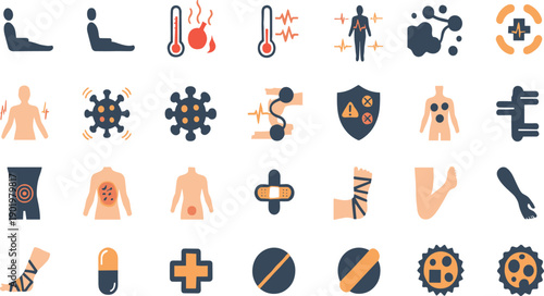 Medical Symptoms and Health Condition Icon Set with Pain Areas, Fever, Virus, Injury, Immunity, Treatment Indicators, and Human Body Warning Symbols