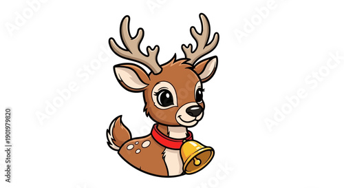 A cute cartoon reindeer with antlers, a red collar, and a large golden bell around its neck, depicted in a charming illustration style.
