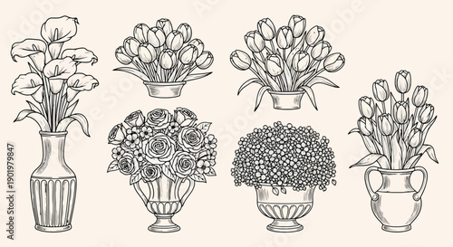 A collection of detailed line drawings of various floral arrangements in decorative vases and urns.