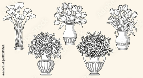 A collection of five detailed black and white line drawings of various floral arrangements in decorative vases.